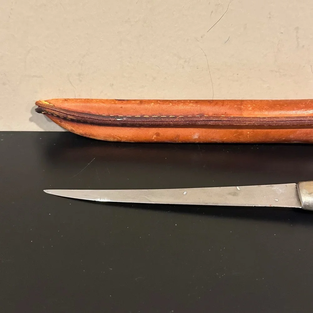 Vintage J Marttiini Finland Fillet Knife Stainless Steel Birch Leather Sheath